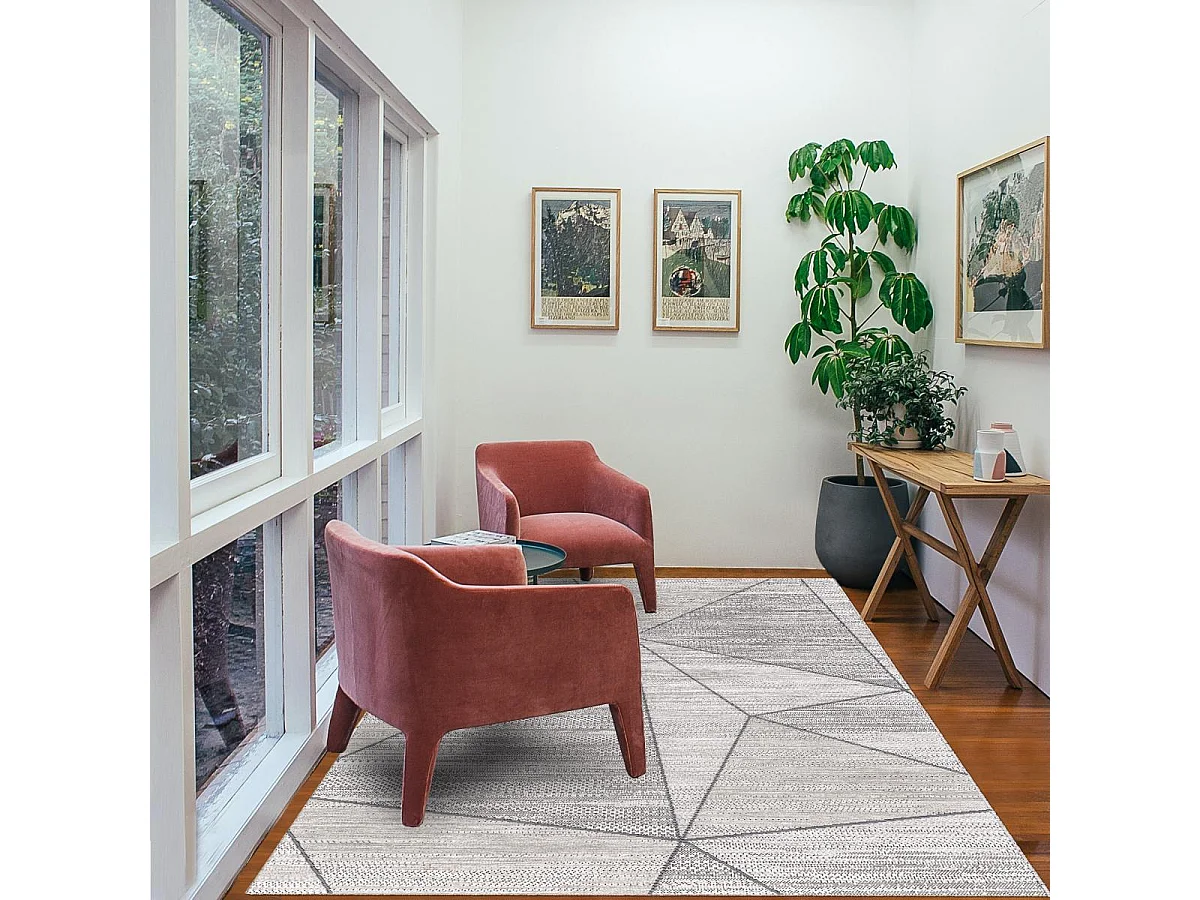 tapis salon 120x170 tissé beige et gris rectangle motif abstrait HIERE