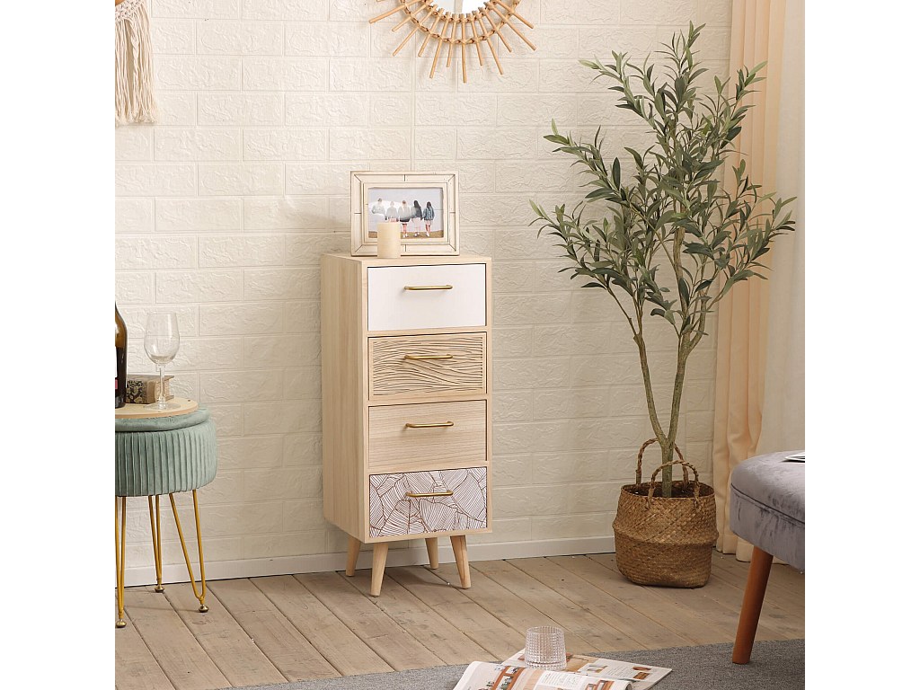 Armoire De Salle De Bain étroite 42x19x75 Cm - 4 Tiroirs - Blanc Moderne - Pour Petit Espace