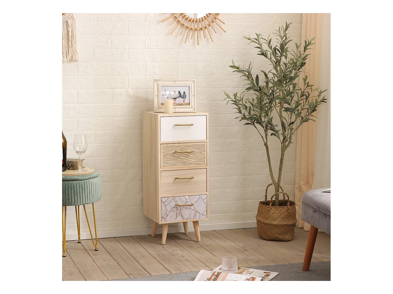 Commode Étroite en Bois avec 4 Tiroirs Style Bohème