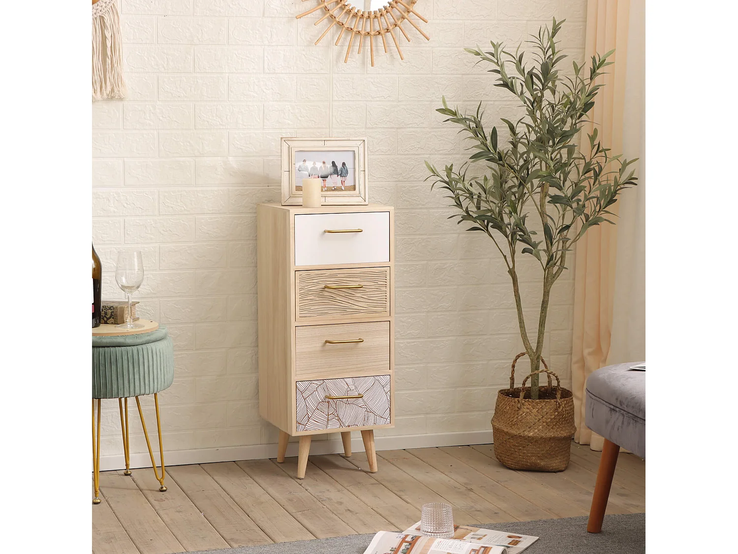 Commode Étroite en Bois avec 4 Tiroirs Style Bohème