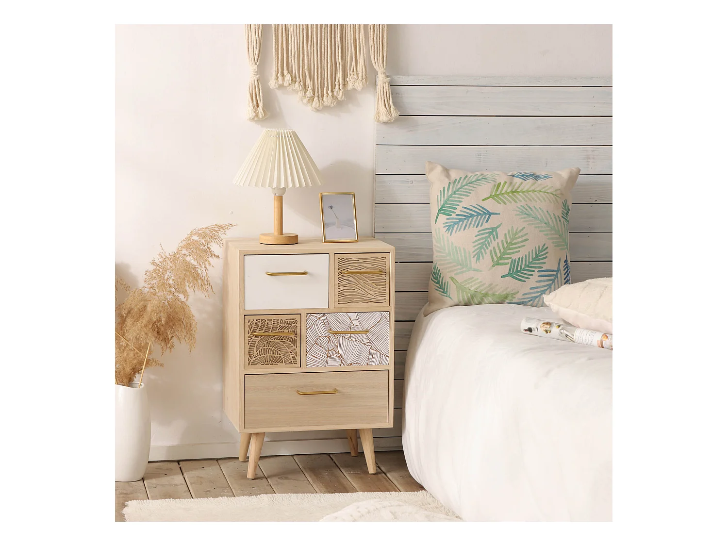 Meuble Commode Polyvalent en Bois Clair avec 5 Tiroirs