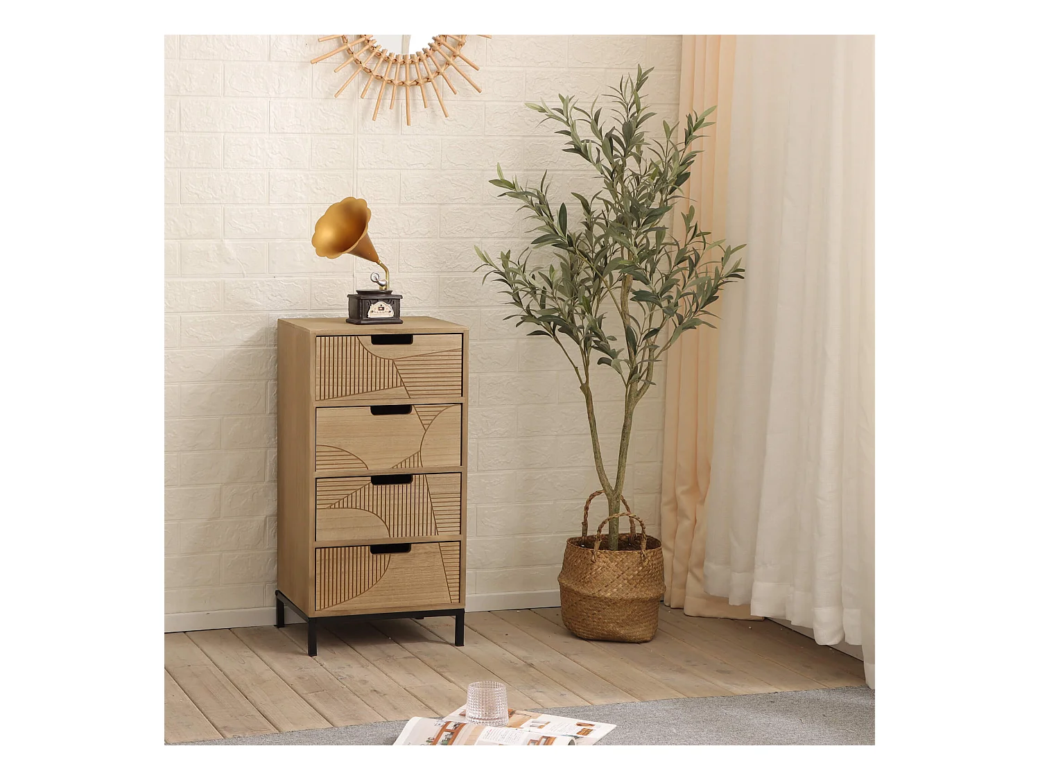 Commode Moderne avec 3 Tiroirs Sculpté Bois Métal