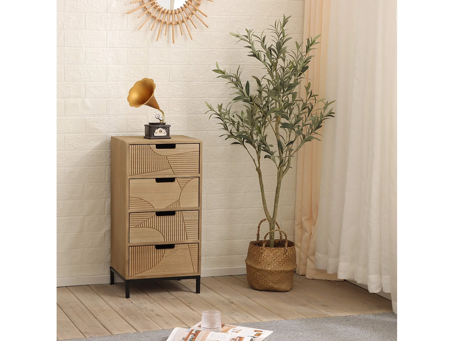 Commode Moderne avec 3 Tiroirs Sculpté Bois Métal