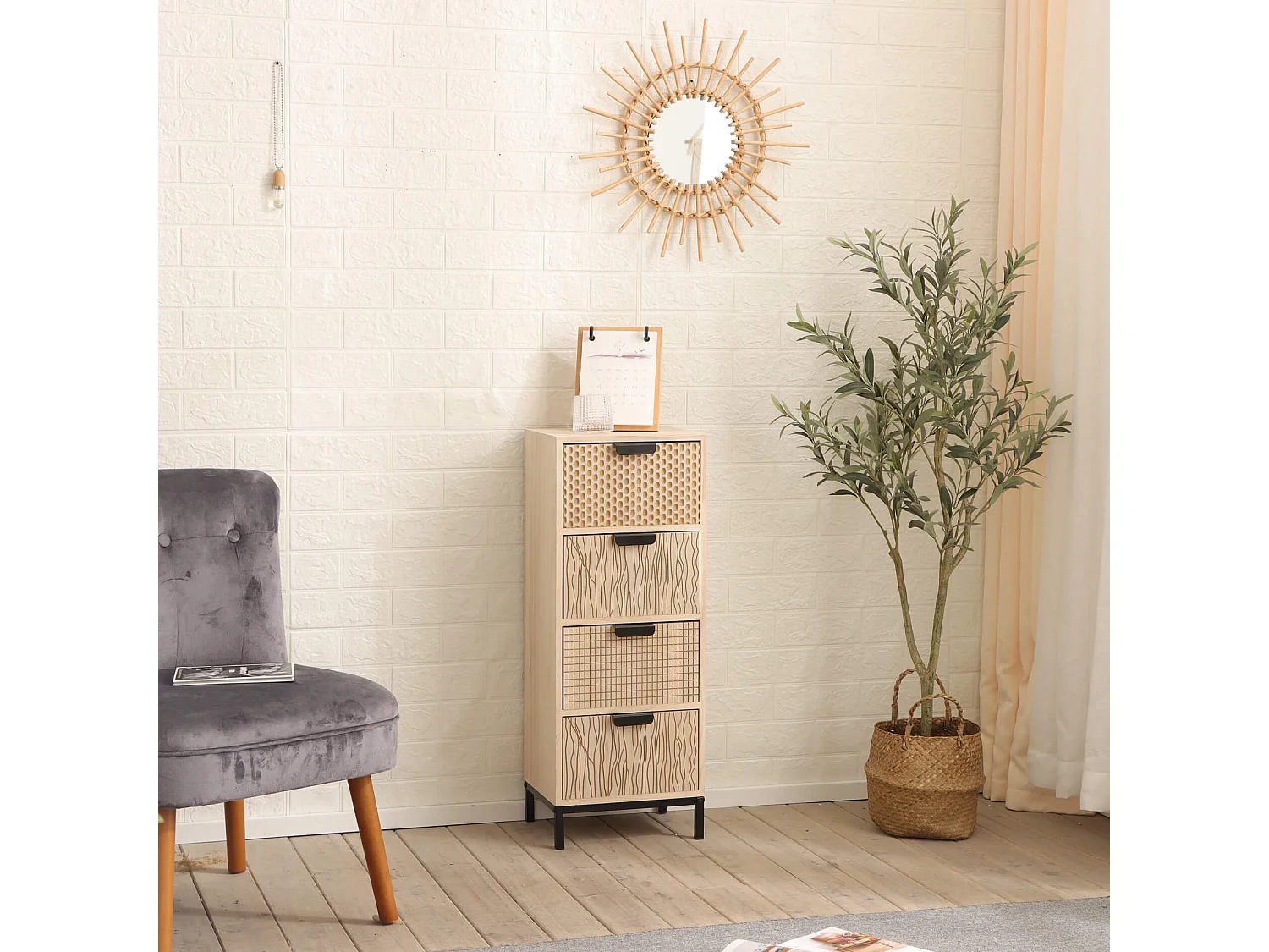 Commode avec 4 Tiroirs en Bois et Métal de Style Moderne