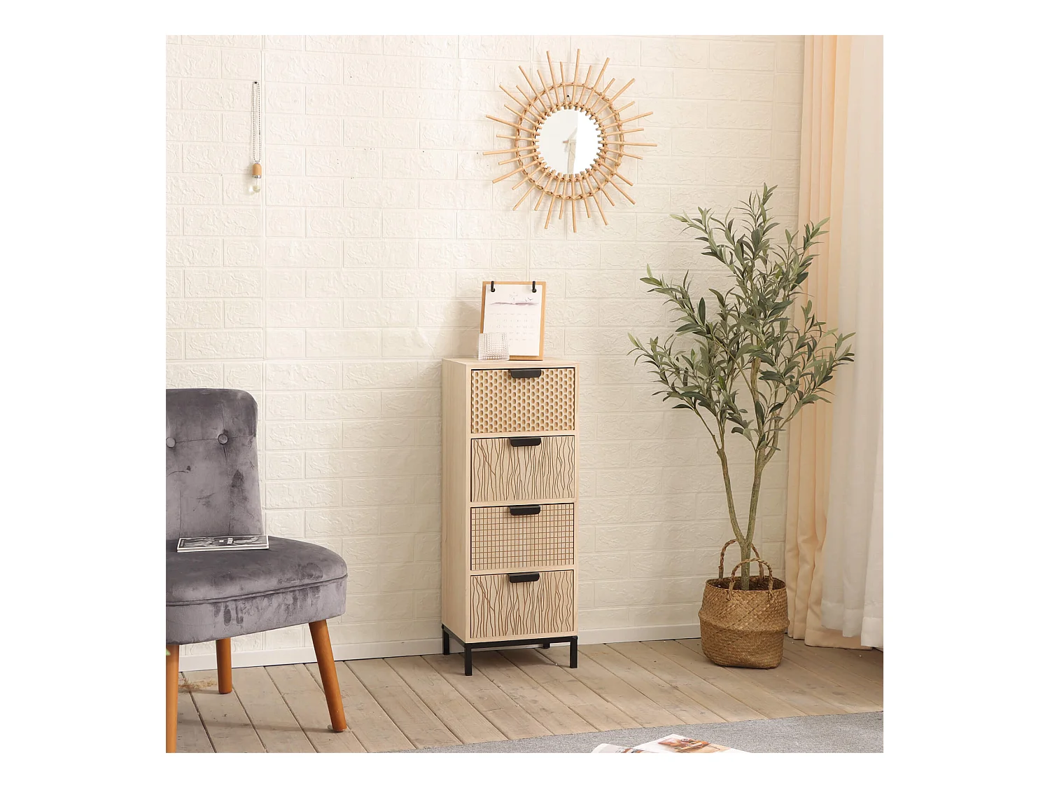 Commode avec 4 Tiroirs en Bois et Métal de Style Moderne