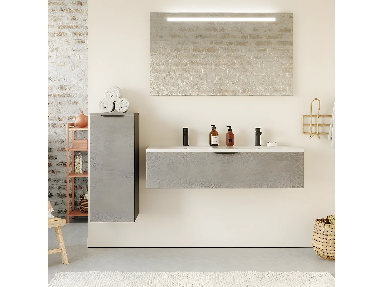 Meuble de salle de bain suspendu double vasque intégrée 120cm 1 tiroir façon Béton - Venice