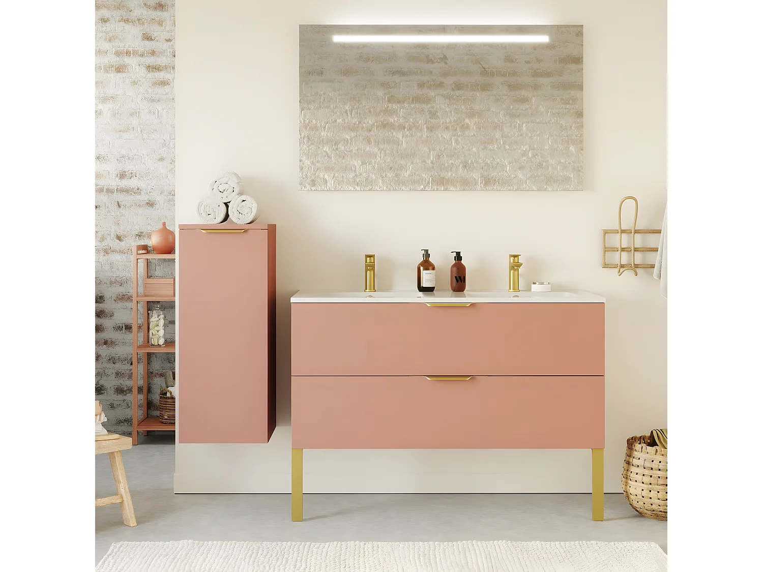 Meuble de salle de bain suspendu double vasque intégrée 120cm 2 tiroirs Abricot - Venice