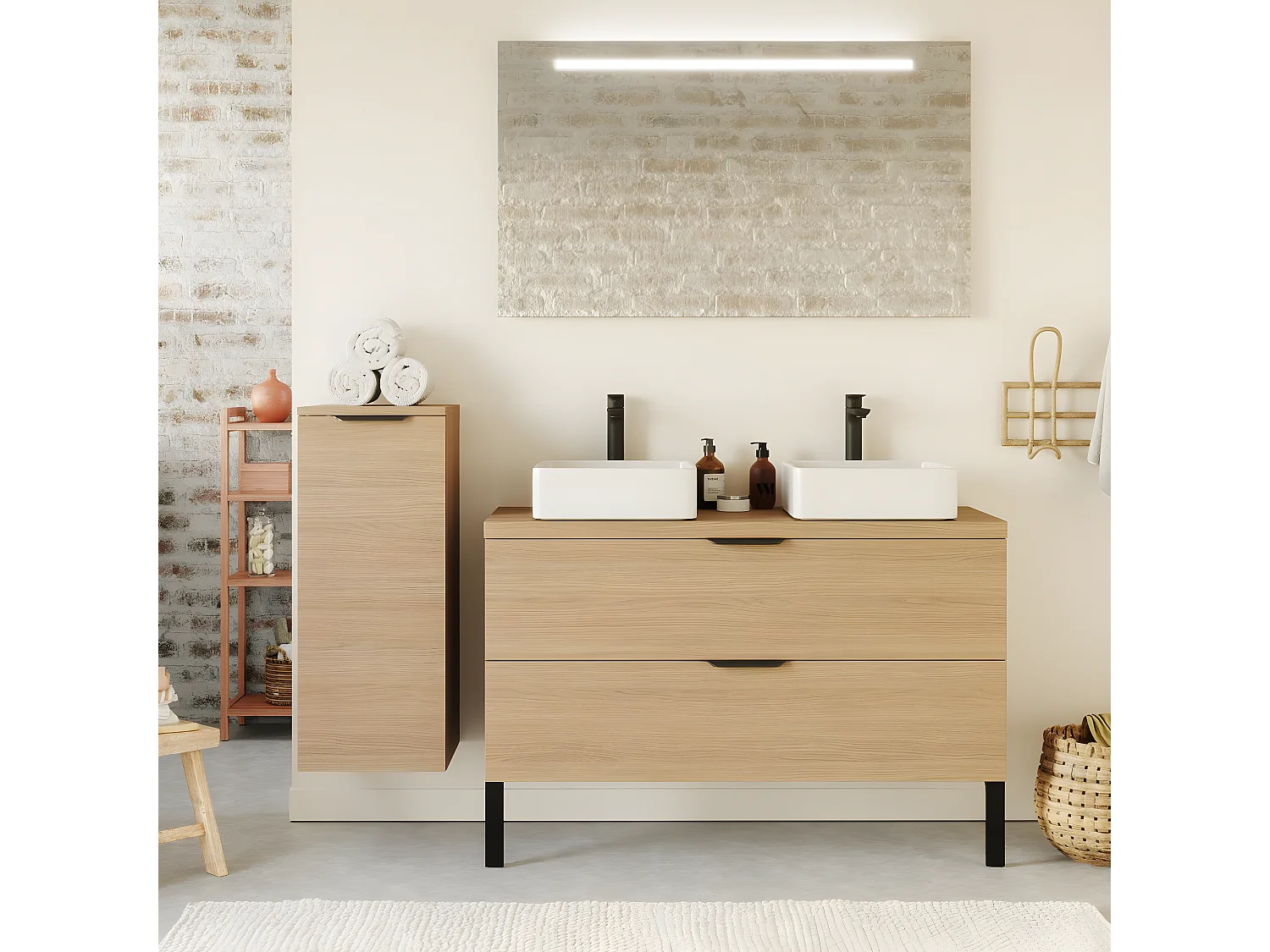 Meuble de salle de bain suspendu 2 vasques à poser 120cm 2 tiroirs Chêne clair - Venice