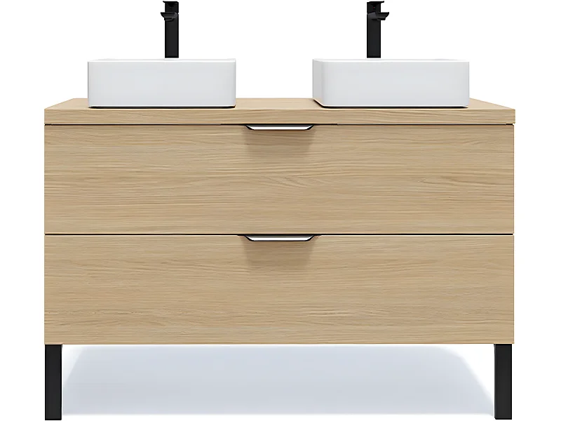 Meuble de salle de bain suspendu 2 vasques à poser 120cm 2 tiroirs Chêne clair - Venice