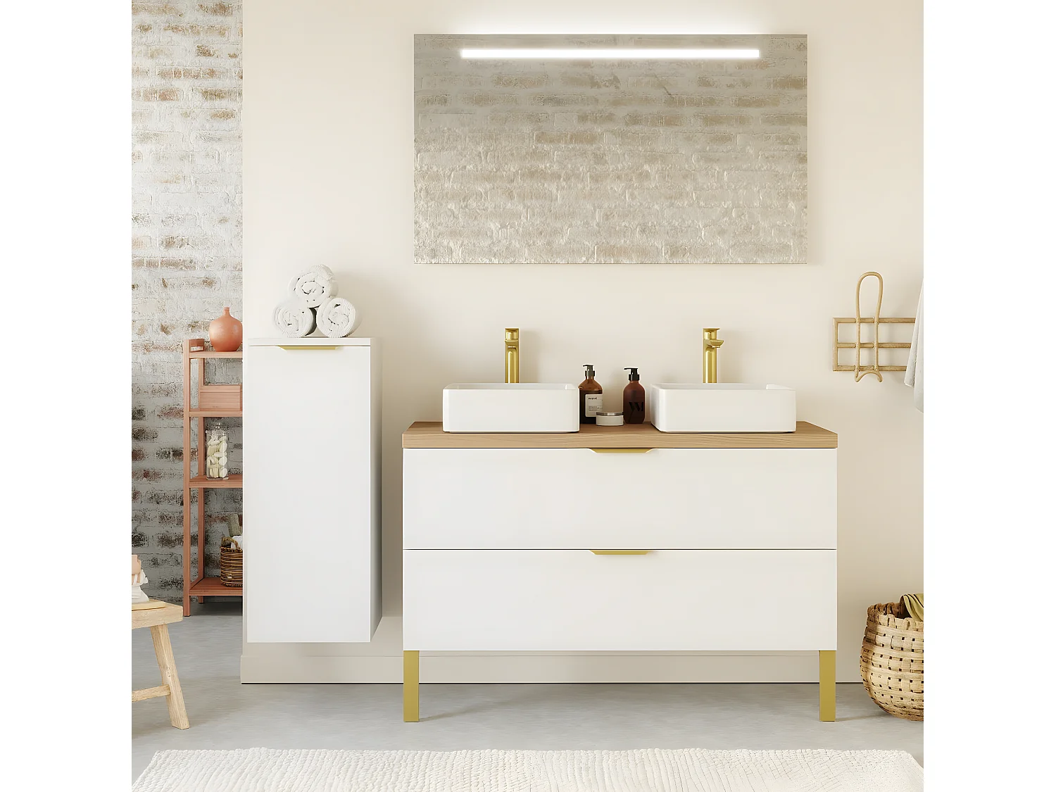 Meuble de salle de bain suspendu 2 vasques à poser 120cm 2 tiroirs Blanc - Venice