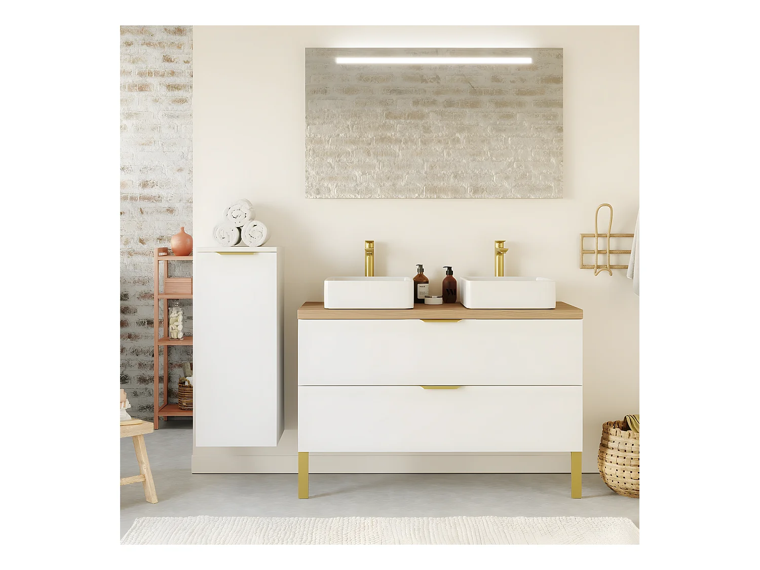 Meuble de salle de bain suspendu 2 vasques à poser 120cm 2 tiroirs Blanc - Venice