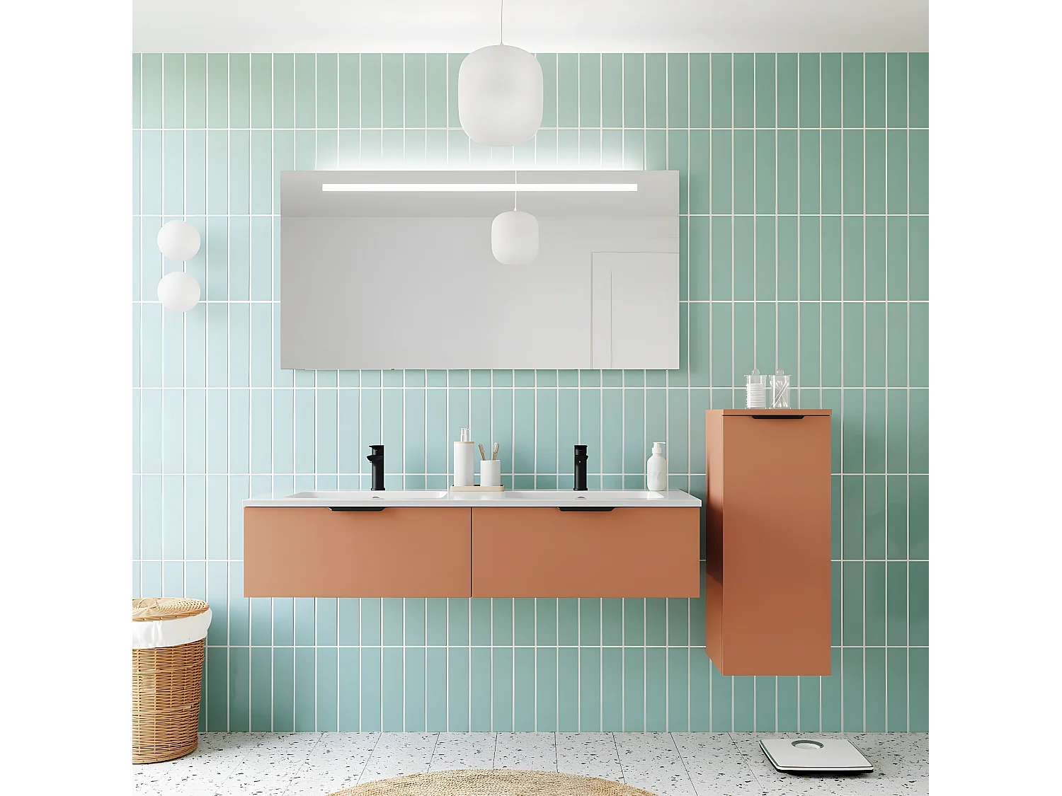 Meuble de salle de bain suspendu double vasque intégrée 140cm 2 tiroirs Terracotta - Soho