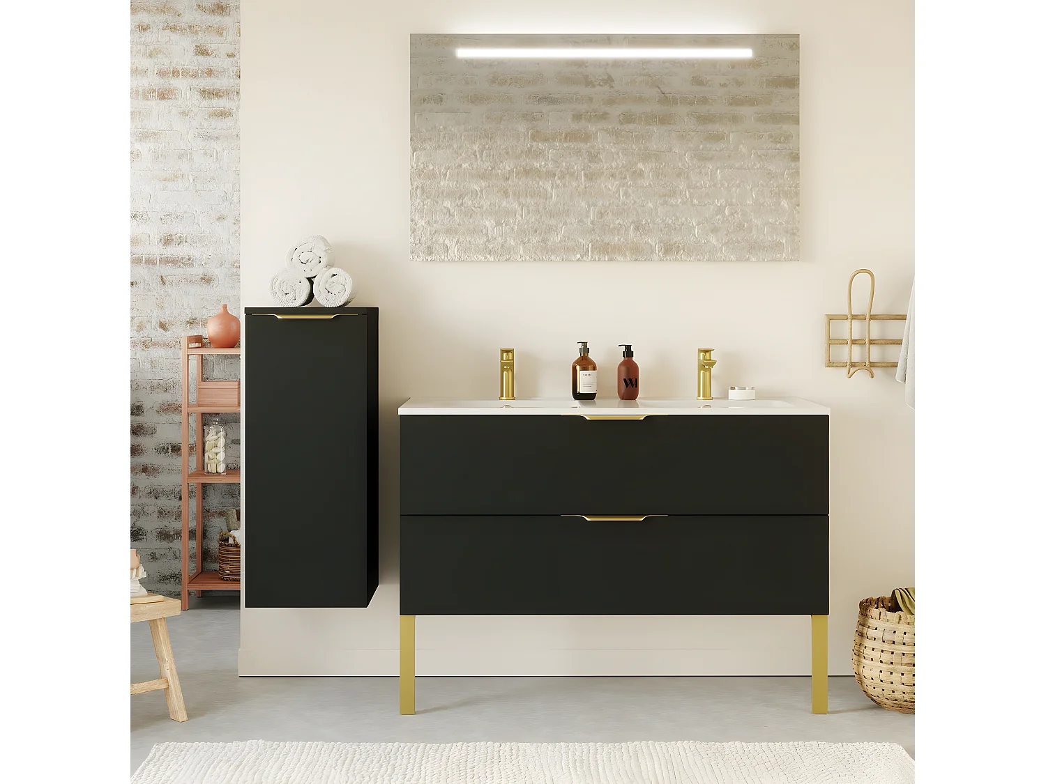 Meuble de salle de bain suspendu double vasque intégrée 120cm 2 tiroirs Noir - Venice