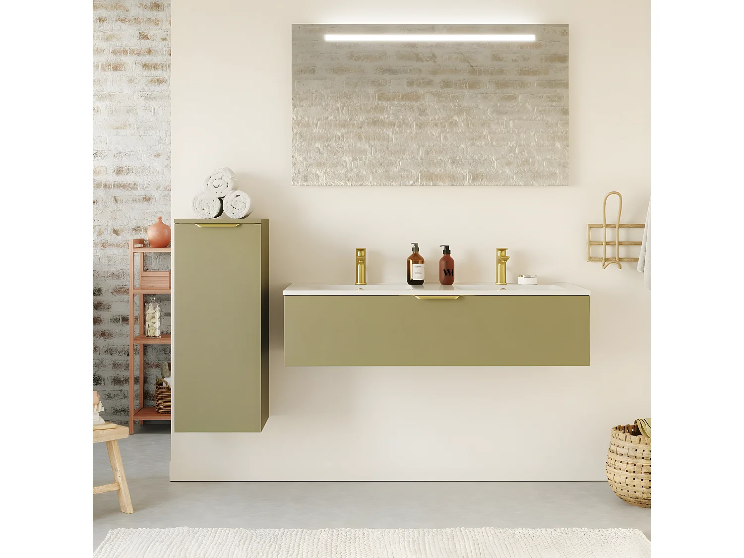 Meuble de salle de bain suspendu double vasque intégrée 120cm 1 tiroir Vert olive - Venice