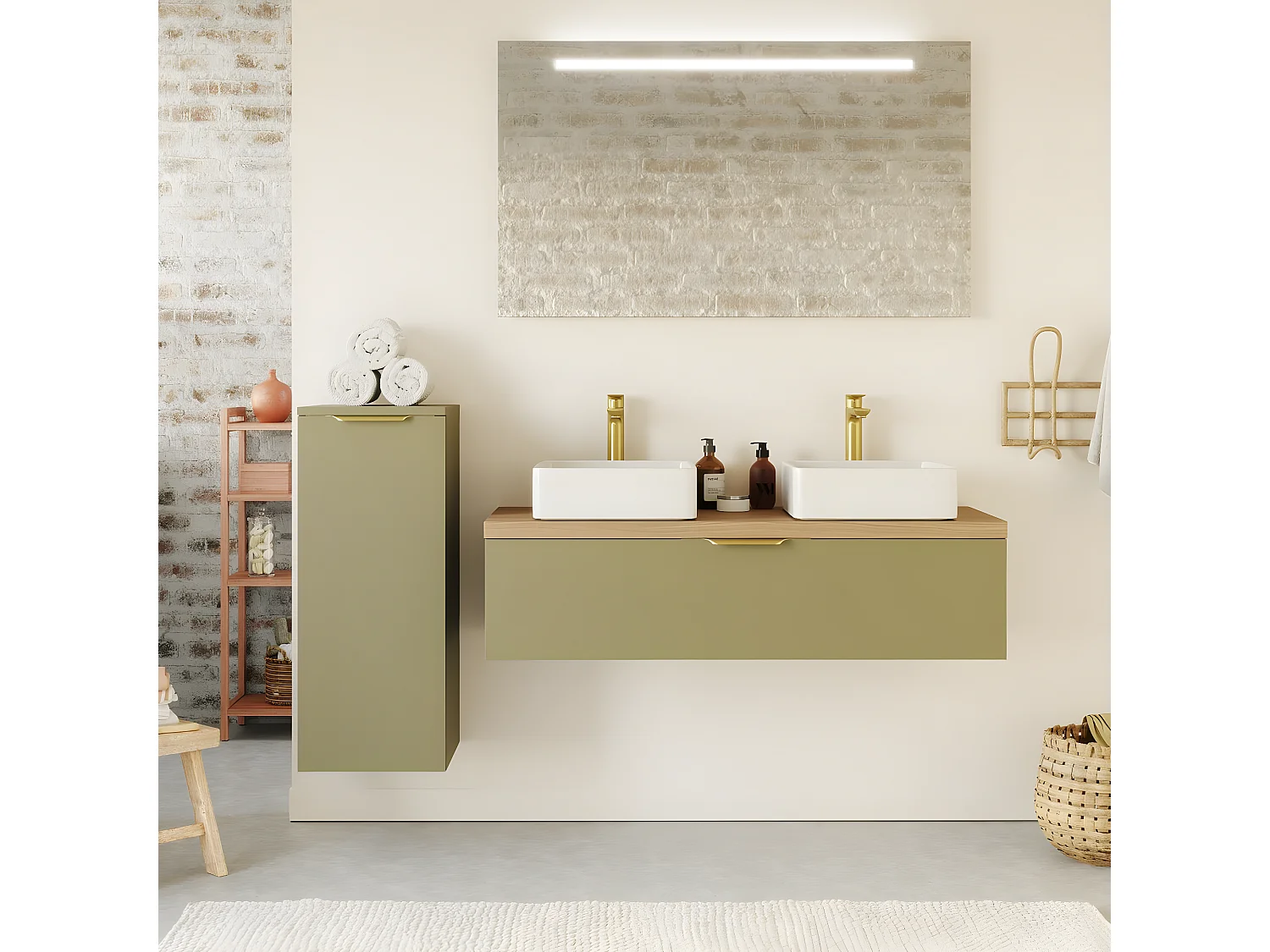 Meuble de salle de bain suspendu 2 vasques à poser 120cm 1 tiroir Vert olive - Venice