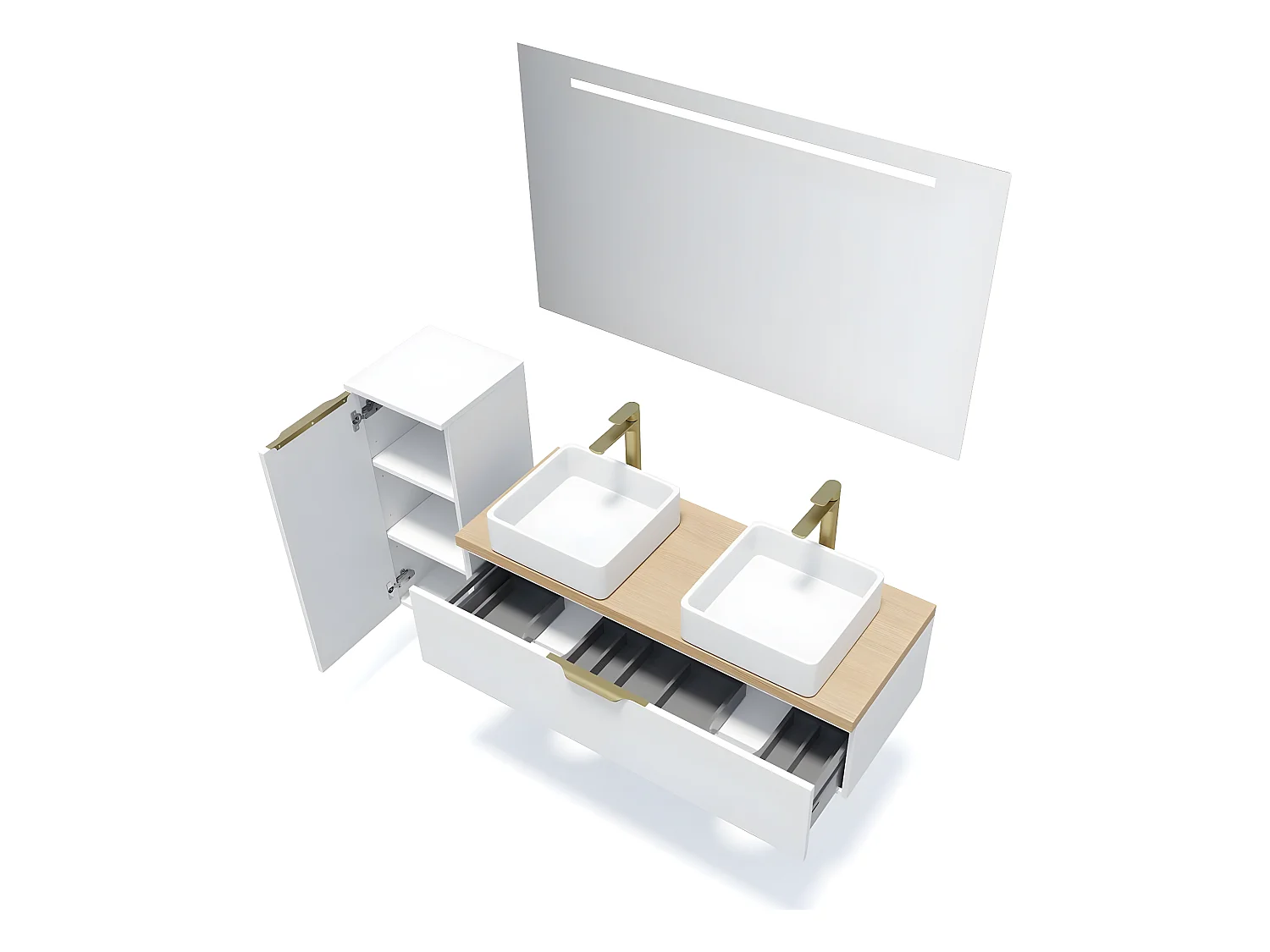 Meuble de salle de bain suspendu 2 vasques à poser 120cm 1 tiroir Blanc - Venice
