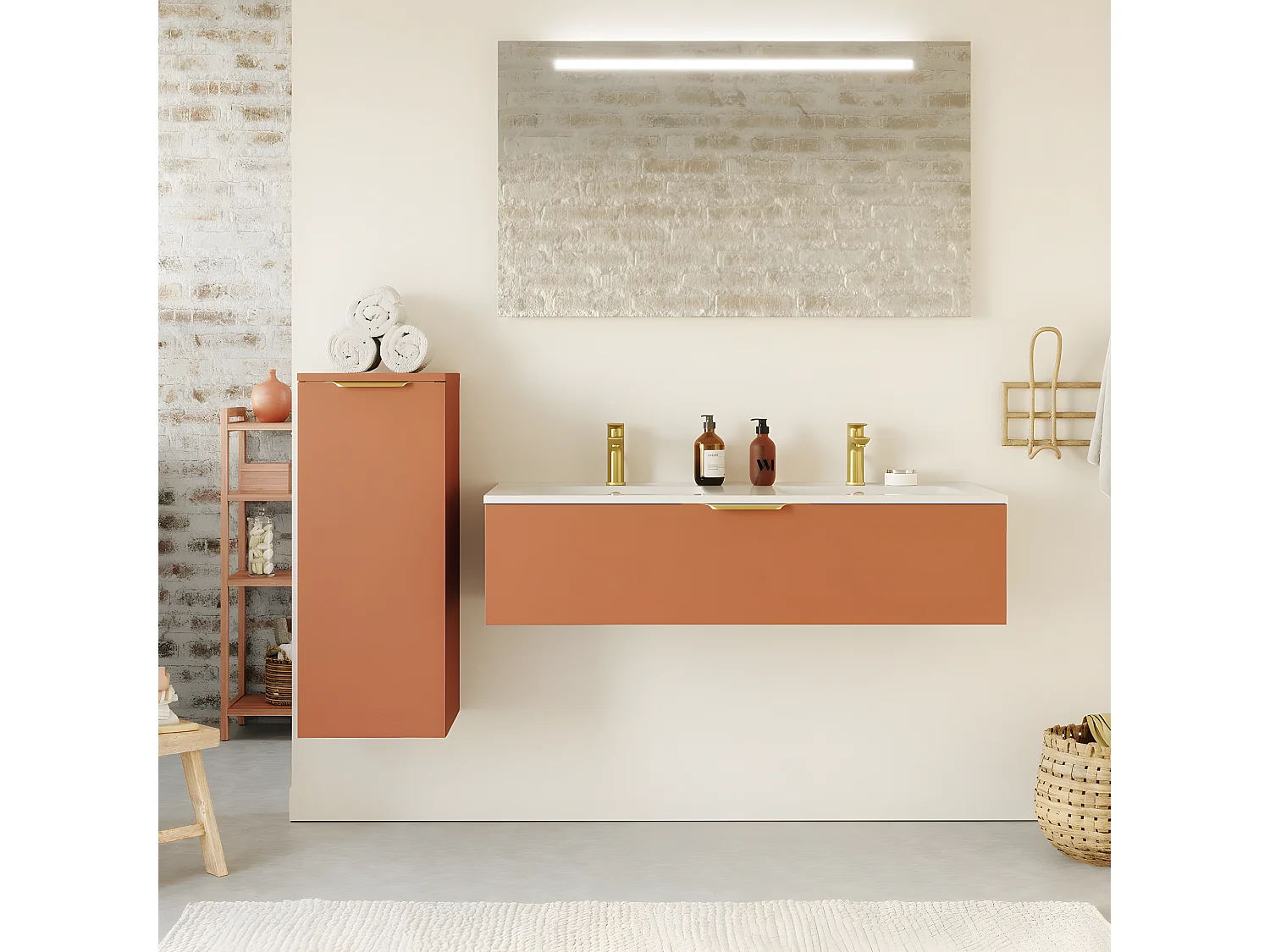 Meuble de salle de bain suspendu double vasque intégrée 120cm 1 tiroir Terracotta - Venice
