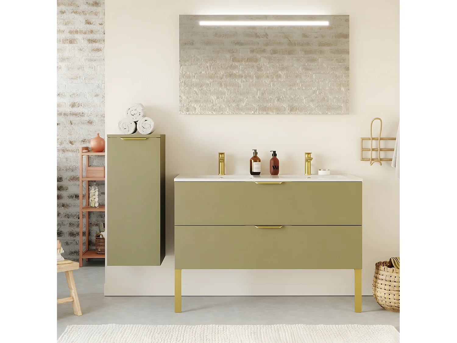 Meuble de salle de bain suspendu double vasque intégrée 120cm 2 tiroirs Vert olive - Venice