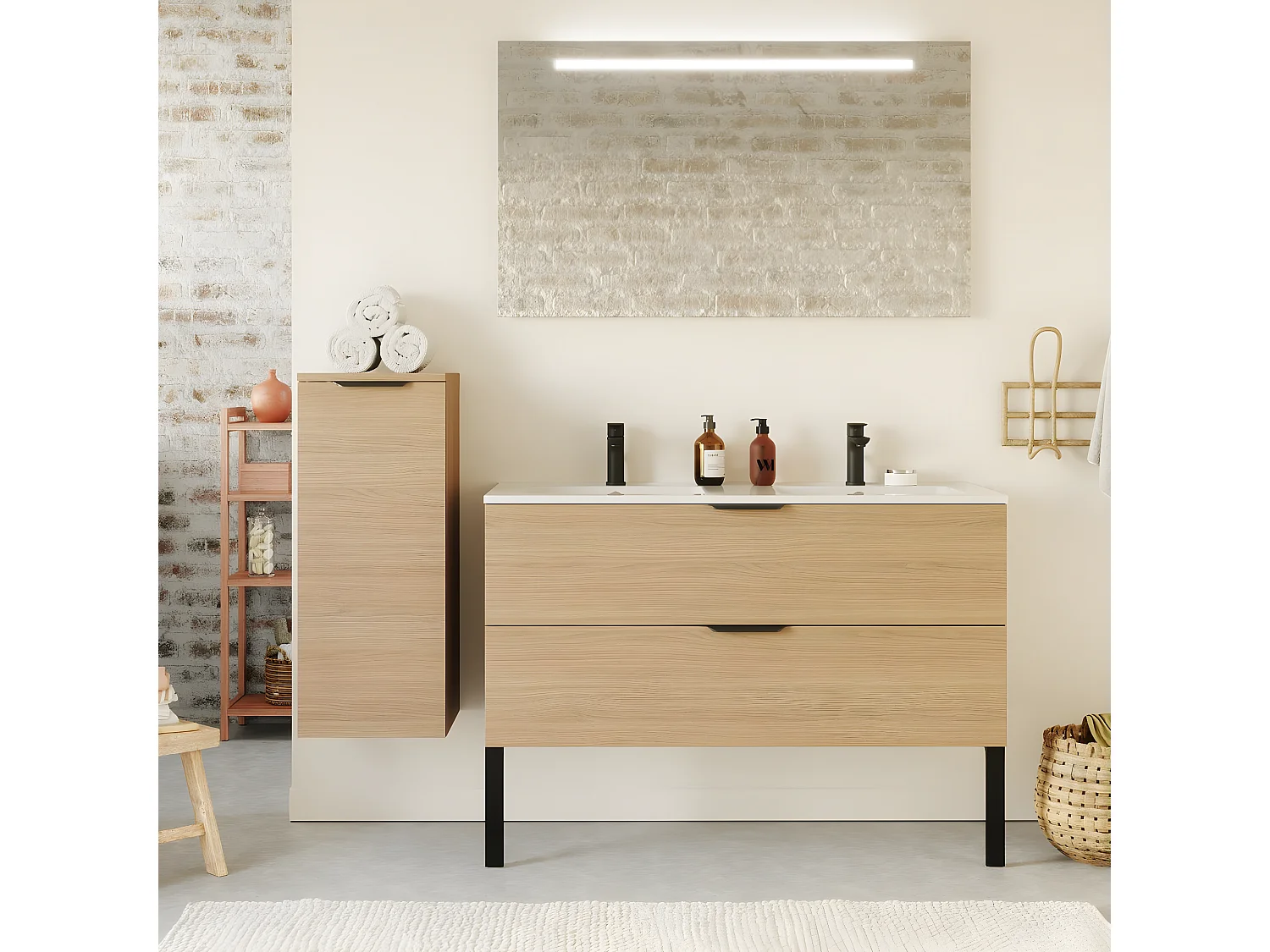 Meuble de salle de bain suspendu double vasque intégrée 120cm 2 tiroirs Chêne clair - Venice