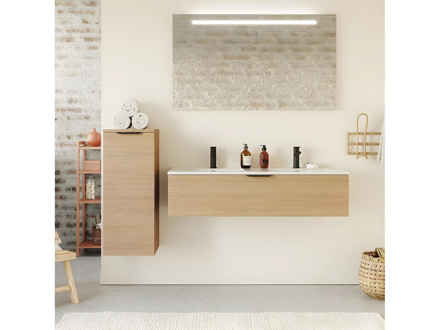 Meuble de salle de bain suspendu double vasque intégrée 120cm 1 tiroir Chêne clair - Venice