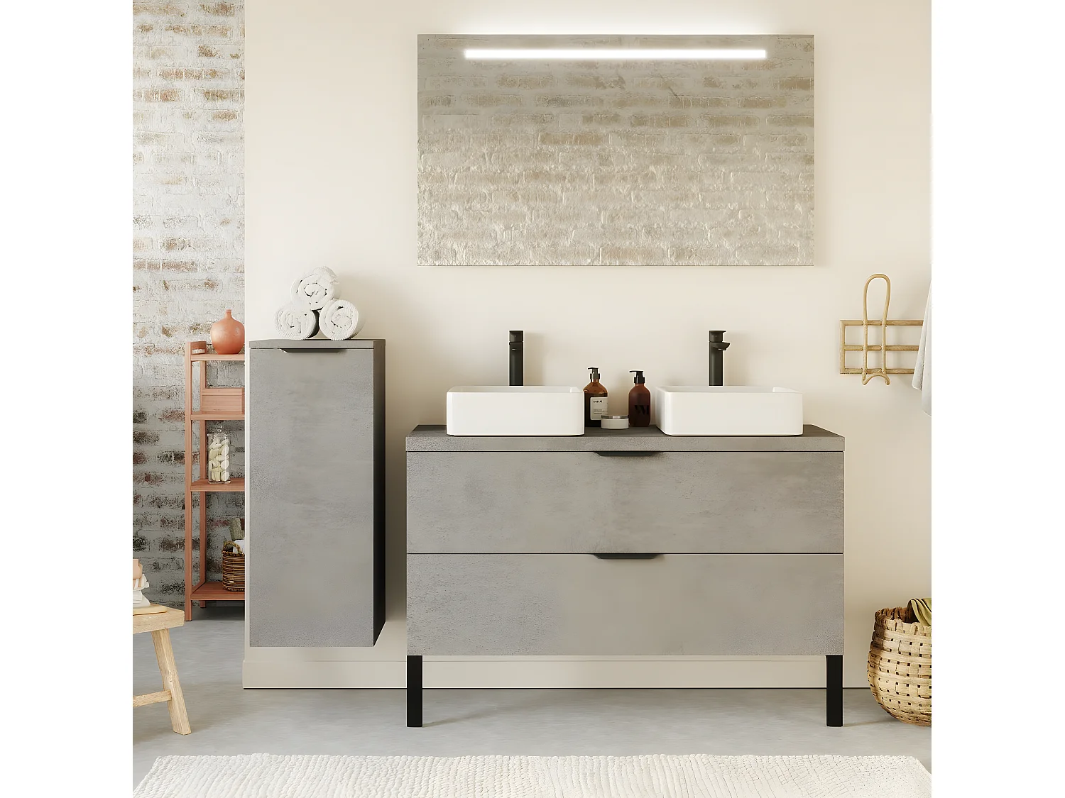 Meuble de salle de bain suspendu 2 vasques à poser 120cm 2 tiroirs façon Béton - Venice