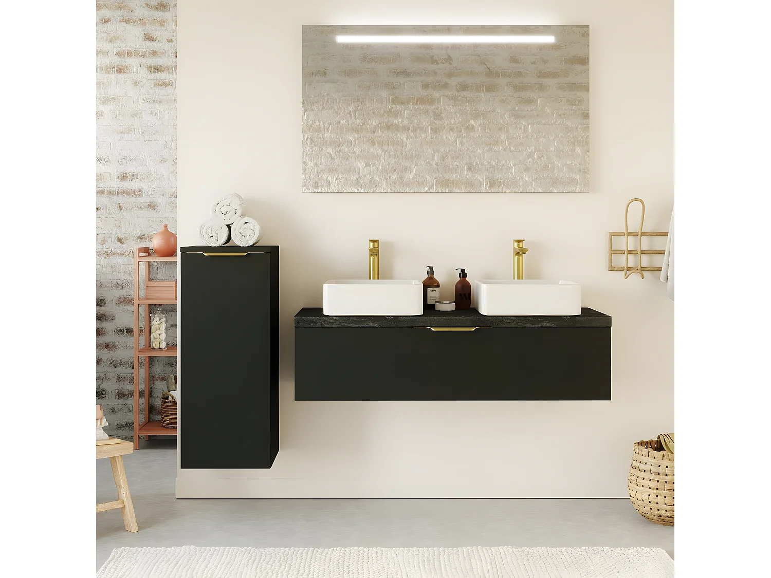 Meuble de salle de bain suspendu 2 vasques à poser 120cm 1 tiroir Noir - Venice