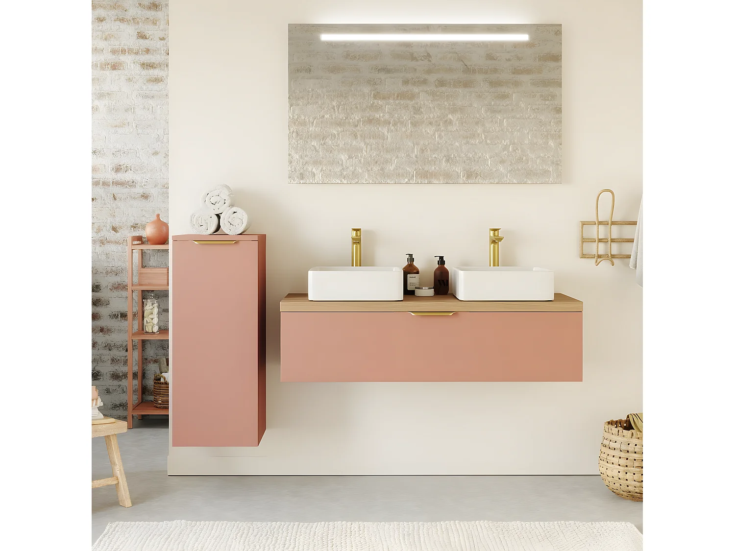 Meuble de salle de bain suspendu 2 vasques à poser 120cm 1 tiroir Abricot - Venice