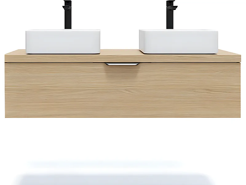 Meuble de salle de bain suspendu 2 vasques à poser 120cm 1 tiroir Chêne clair - Venice