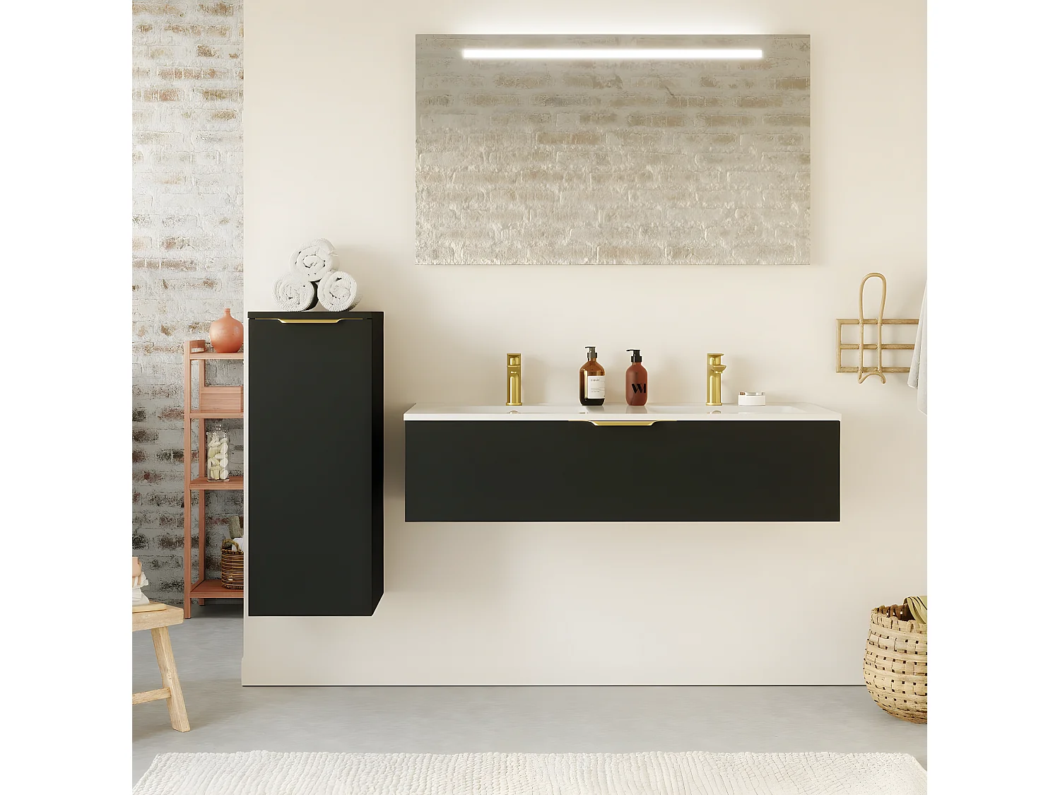 Meuble de salle de bain suspendu double vasque intégrée 120cm 1 tiroir Noir - Venice