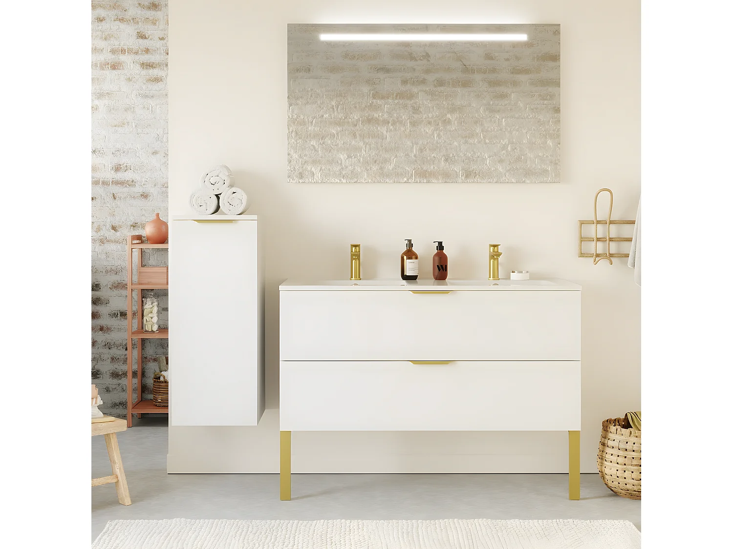 Meuble de salle de bain suspendu double vasque intégrée 120cm 2 tiroirs Blanc - Venice