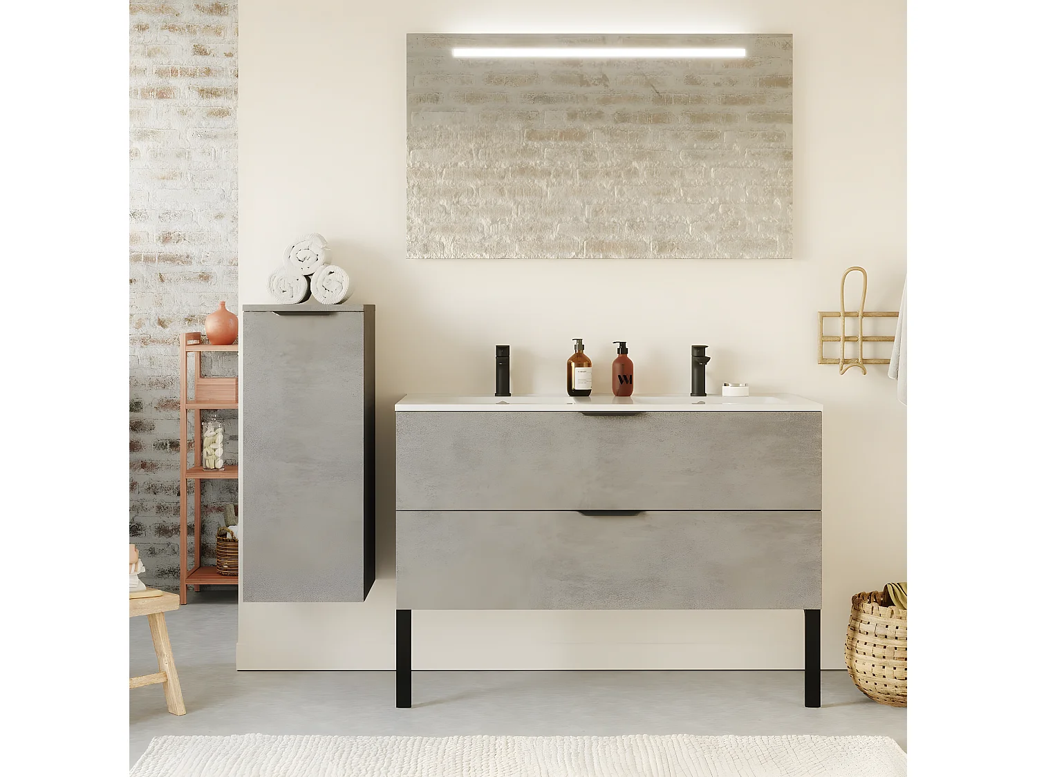 Meuble de salle de bain suspendu double vasque intégrée 120cm 2 tiroirs façon Béton - Venice