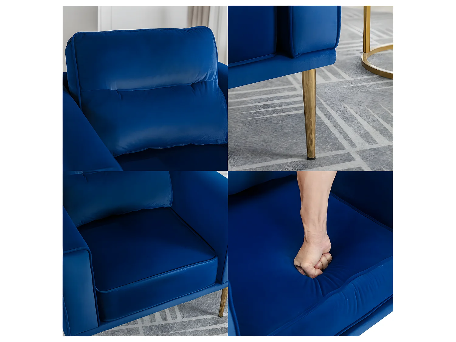 Sessel aus Samtstoff – goldene Metallbeine – moderner Stil – blau