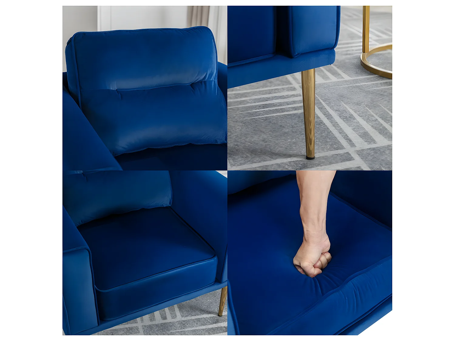 Fauteuil VIPII tissu en velours - pieds dorés en métal - style contemporain - bleu roi