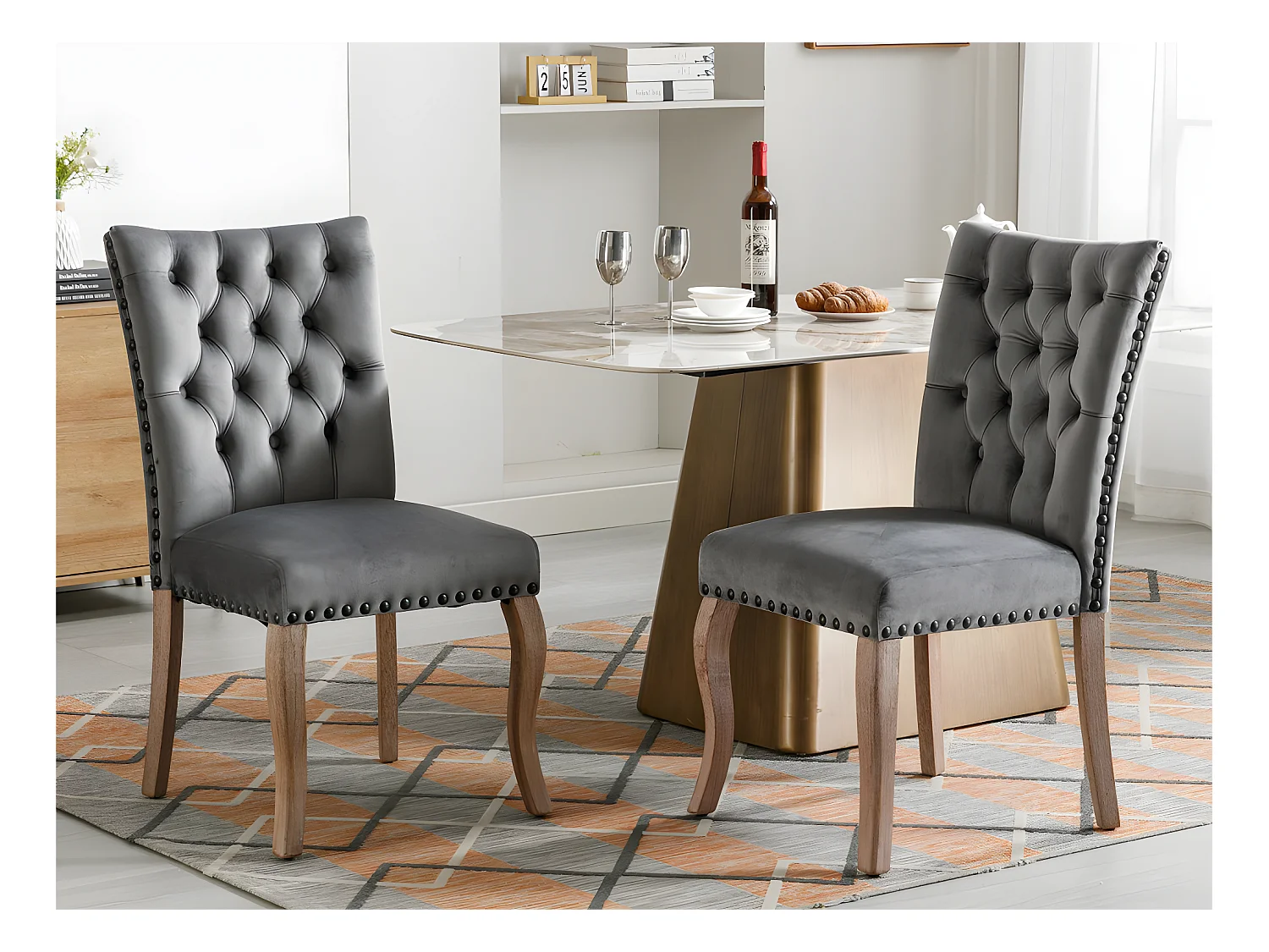 Lot de 2 chaises capitonné en velours - cadre en bois massif - Gris