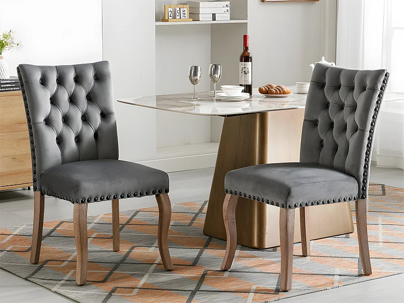 Lot de 2 chaises capitonné en velours - cadre en bois massif - Gris