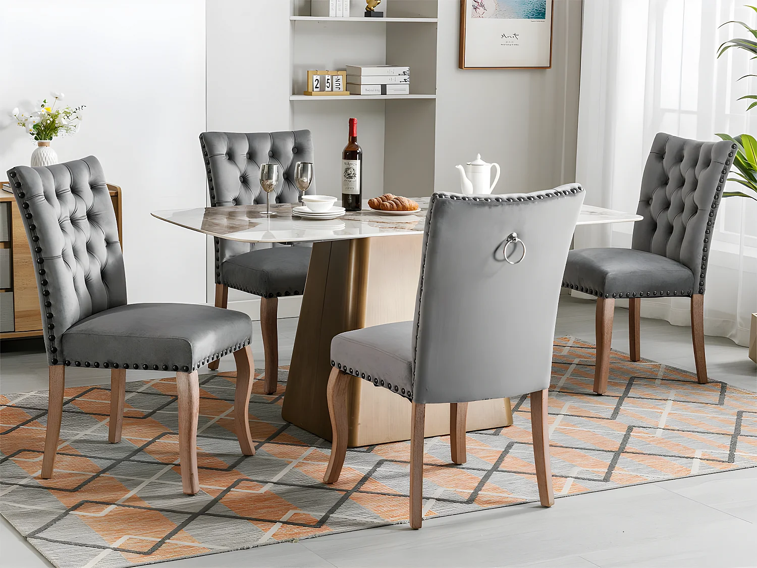 Juego de 4 sillas acolchadas de terciopelo - estructura de madera maciza - gris