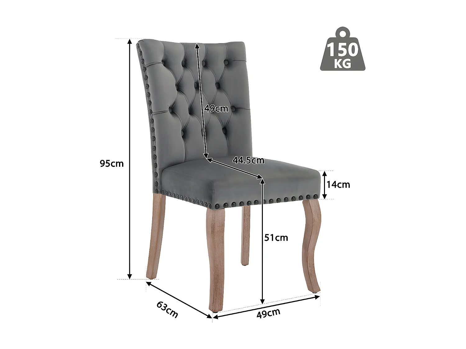 Juego de 4 sillas acolchadas de terciopelo - estructura de madera maciza - gris