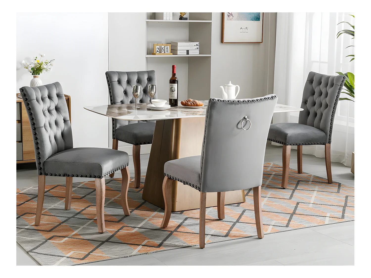Lot de 4 chaises capitonné en velours - cadre en bois massif - Gris