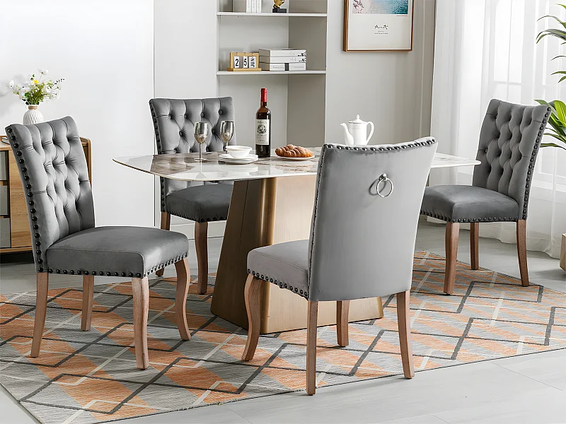 Lot de 4 chaises capitonné en velours - cadre en bois massif - Gris