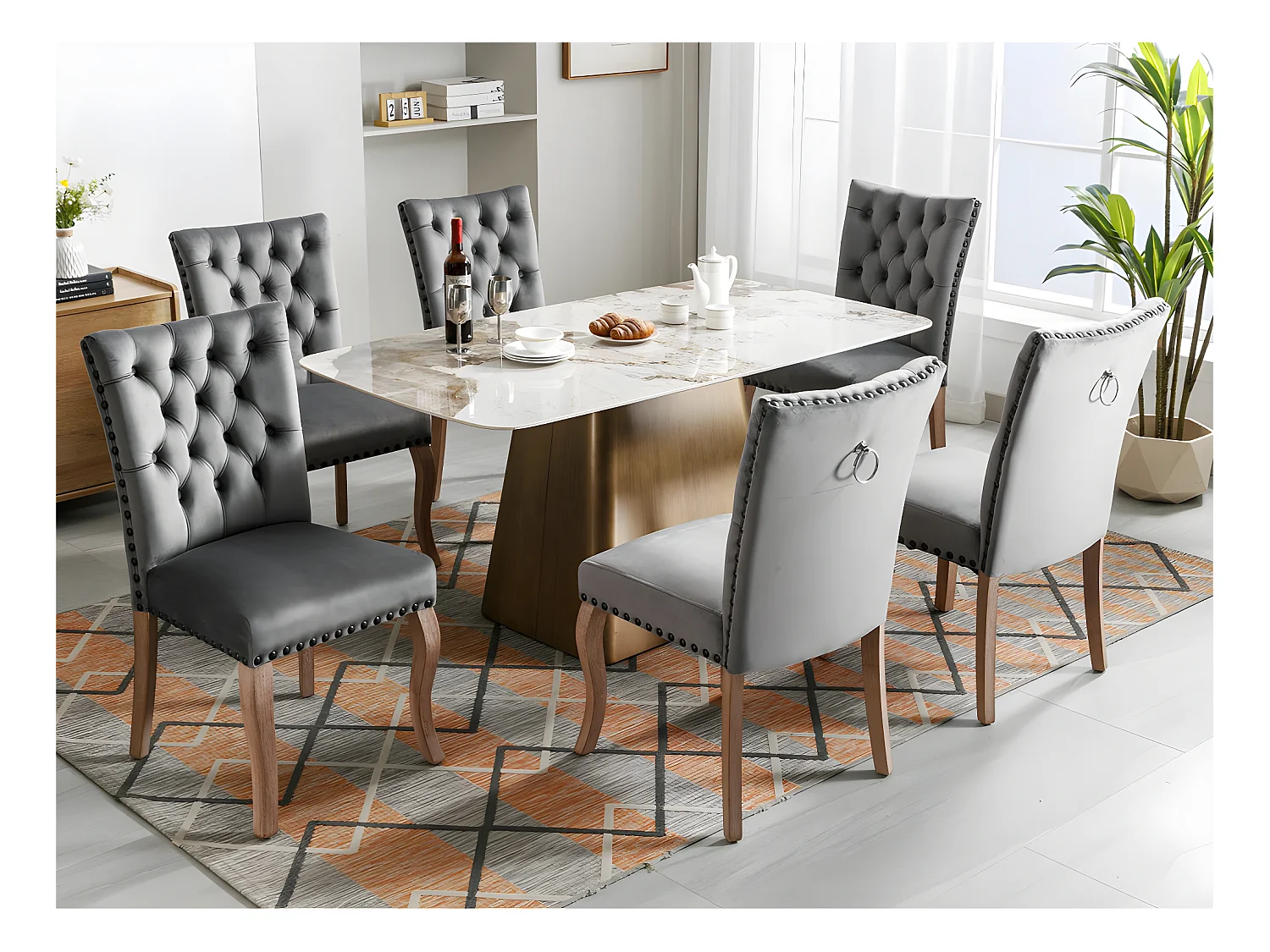 Lot de 6 chaises capitonné en velours - cadre en bois massif - Gris