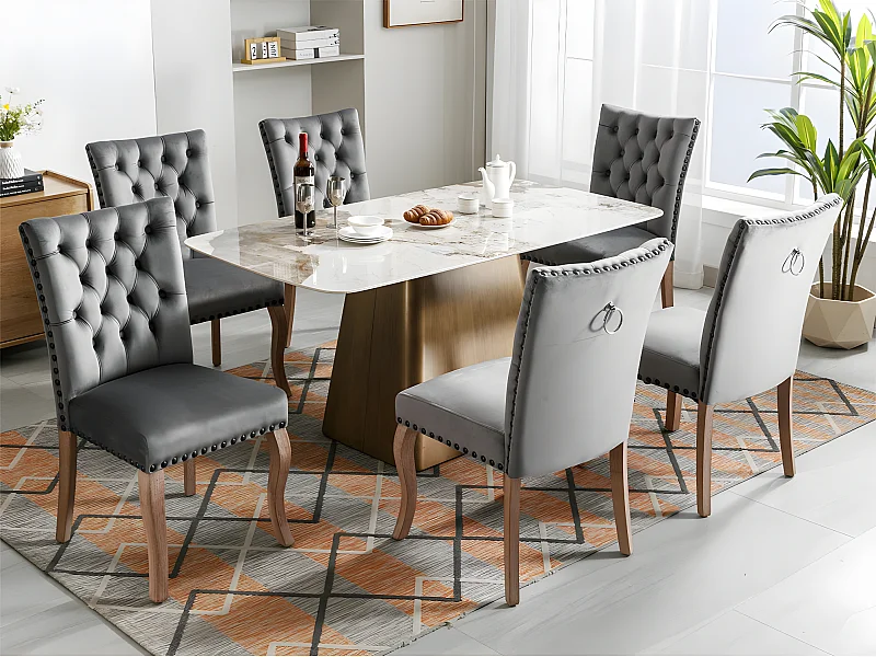 Lot de 6 chaises capitonné en velours - cadre en bois massif - Gris