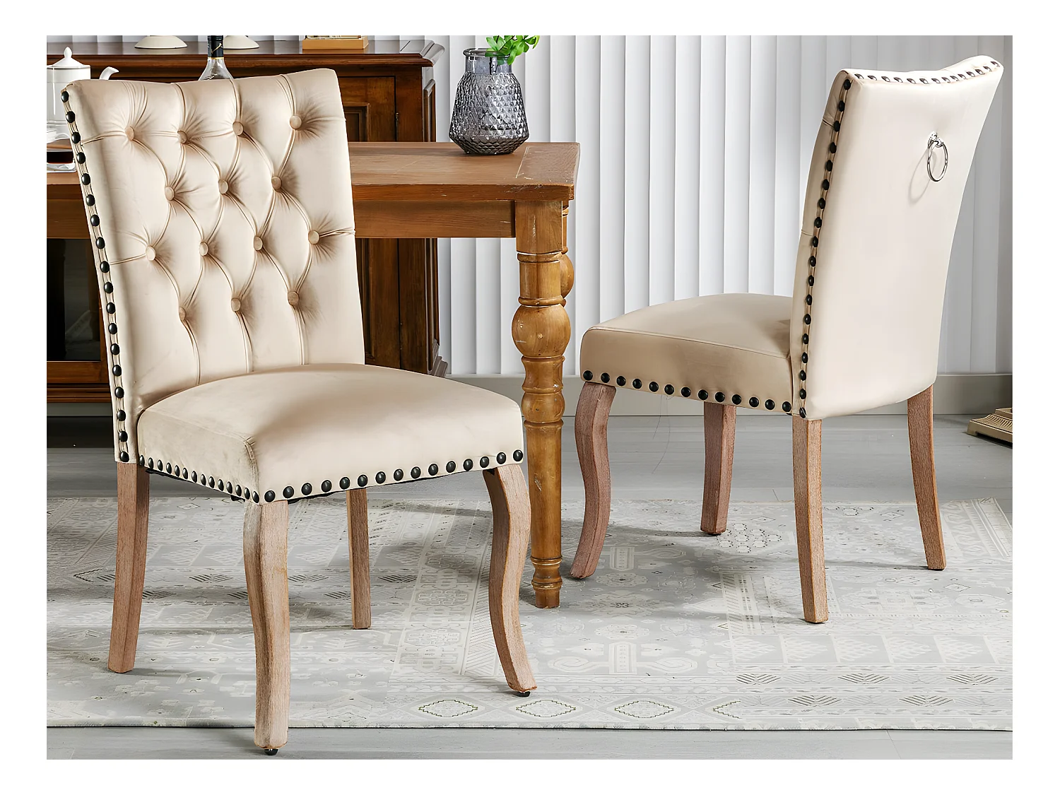 Lot de 2 chaises capitonné en velours - cadre en bois massif - Beige