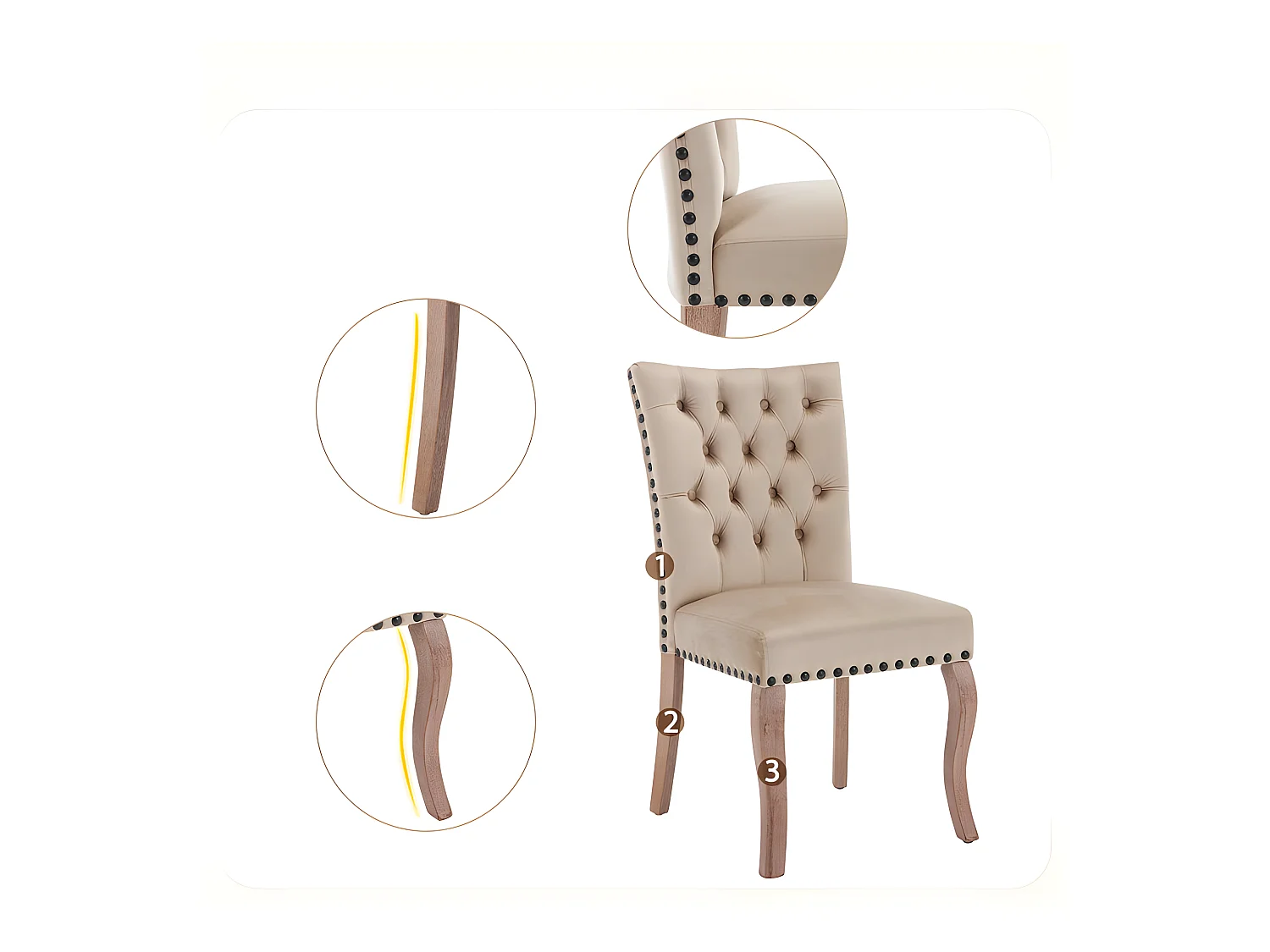 Lot de 2 chaises capitonné en velours - cadre en bois massif - Beige