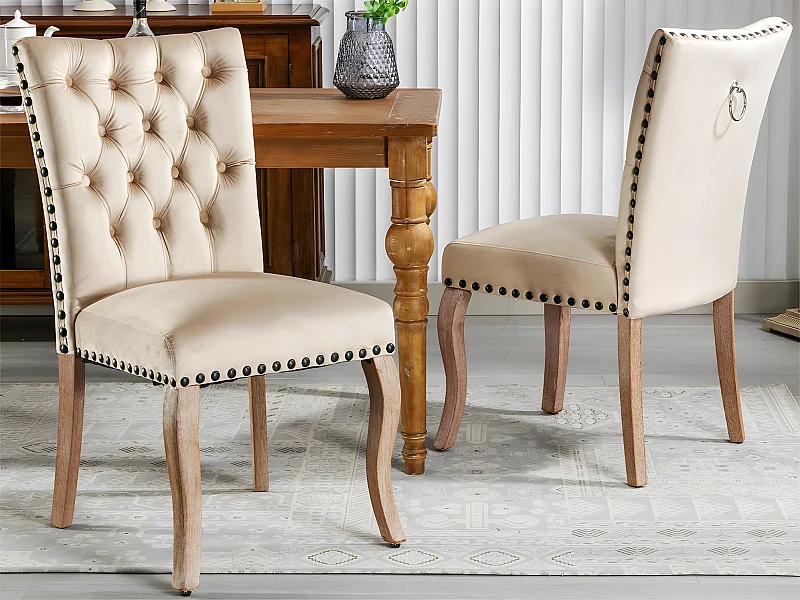 Set van 2 gestoffeerde stoelen in fluweel - frame van massief hout - Beige