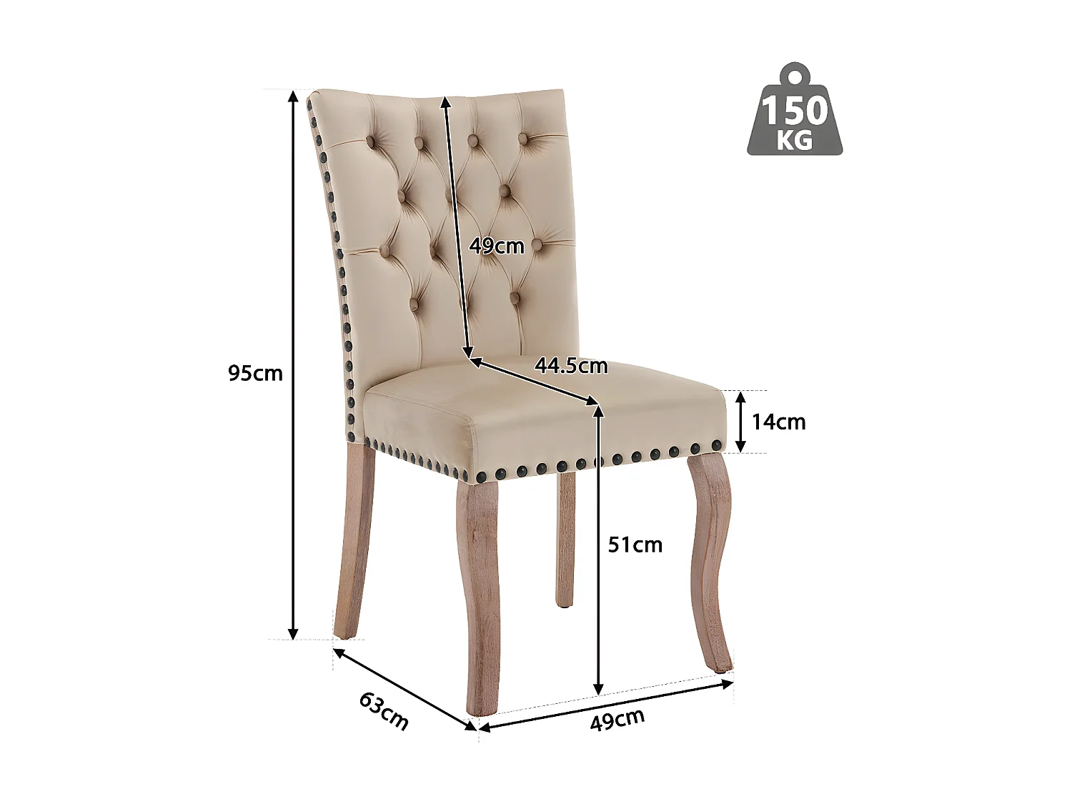 Set aus 4 Samtpolsterstühlen - Gestell aus Massivholz - Beige