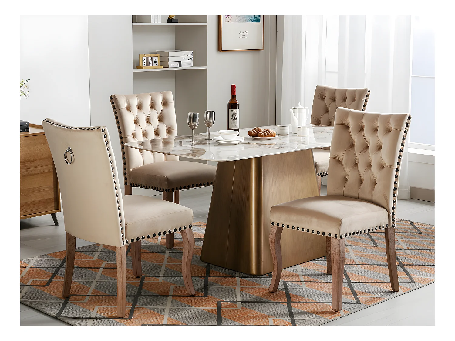 Set van 4 gestoffeerde stoelen in fluweel - frame van massief hout - Beige