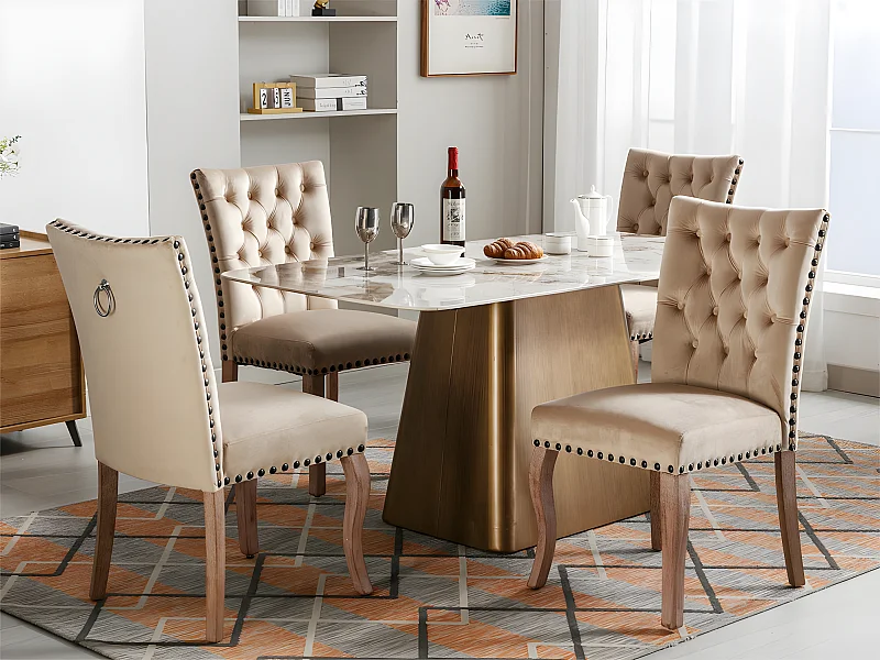 Set van 4 gestoffeerde stoelen in fluweel - frame van massief hout - Beige