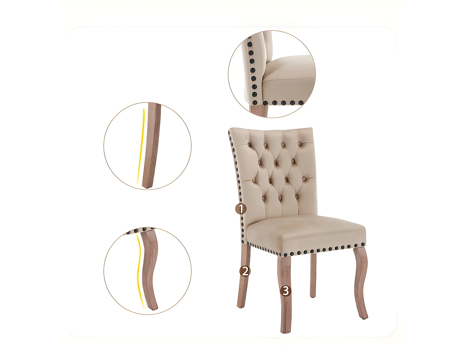 Set aus 6 Samtpolsterstühlen - Gestell aus Massivholz - Beige