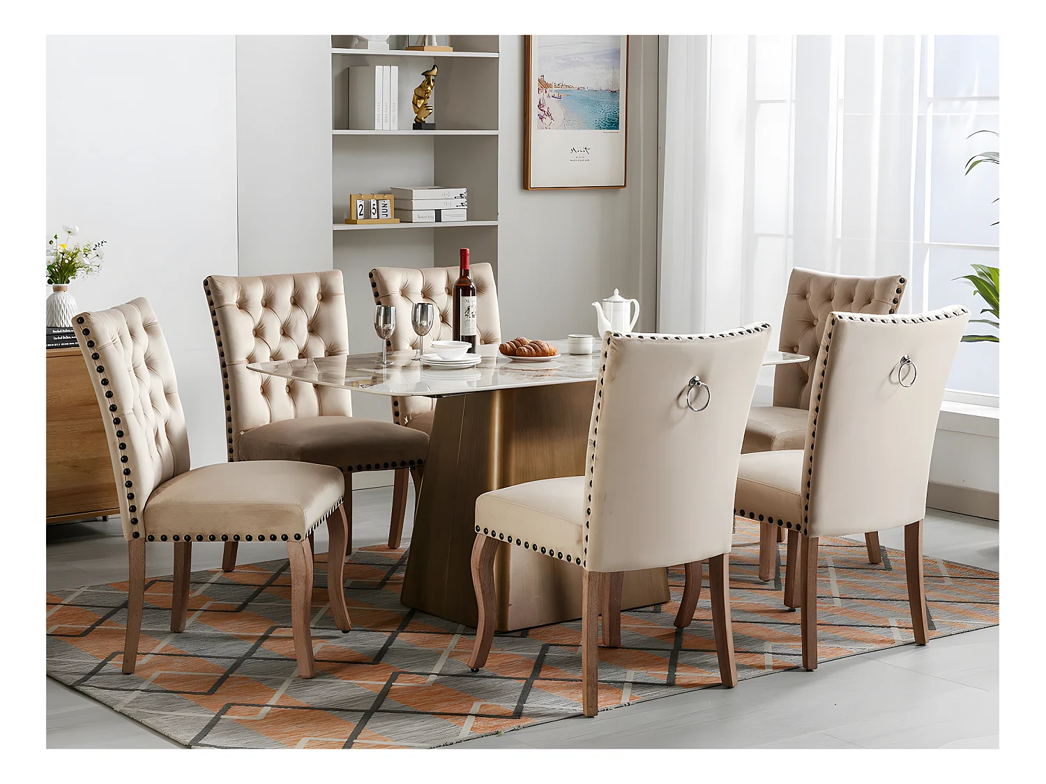 Lot de 6 chaises capitonné en velours - cadre en bois massif - Beige