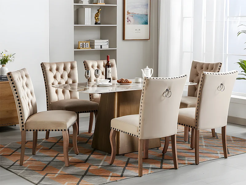 Set aus 6 Samtpolsterstühlen - Gestell aus Massivholz - Beige